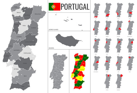 Detailed vector map of Portugal regions with flag