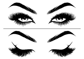 Hand-drawn woman sexy makeup look with perfectly eyebrows and full lashes
