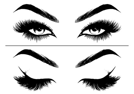 Hand-drawn Woman Sexy Makeup Look With Perfectly Eyebrows And Full Lashes