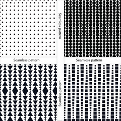 Set of seamless patterns with black geometric shapes on a white background.
