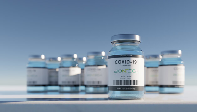 Guilherand-Granges, France - January 18, 2021. Covid-19 vaccine with Biontech logo. German biotechnology company dedicated to the development and manufacture of active immunotherapies.