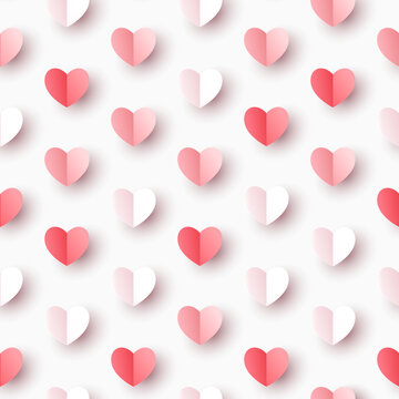 Valentine's day concept seamless pattern background. Vector illustration. 3d red, white and pink paper cut hearts wallpaper. Cute love sale backdrop for greeting card