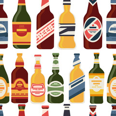 Fototapeta na wymiar Beer bottles seamless pattern with label glass bottles with different types of beer alcohol drink vector illustration on white background