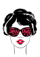 Women face with sunglasses Monday. Fashion Girls Illustration Set