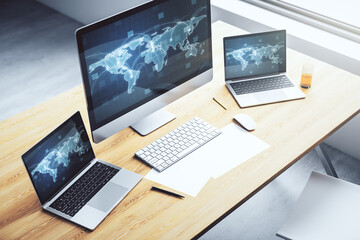 Computer monitor with abstract graphic digital world map with connections, globalization concept....