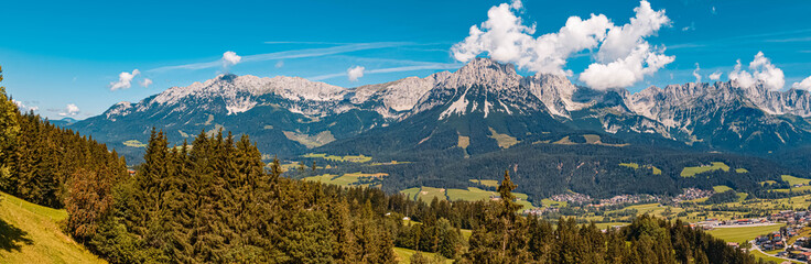 High resolution stitched panorama of a beautiful alpine summer view at the famous Hartkaiser...