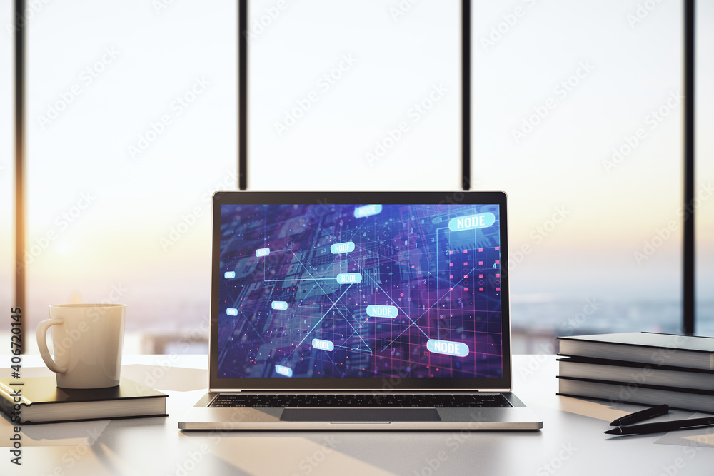 Poster modern computer display with abstract programming language hologram, artificial intelligence and mac