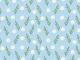 Seamless spring pattern floral with flowers - chamomile,  leaves isolated on blue background. Vector illustration for poster, wrapping  paper, fabric, web, party, invitation, wallpaper, wedding.