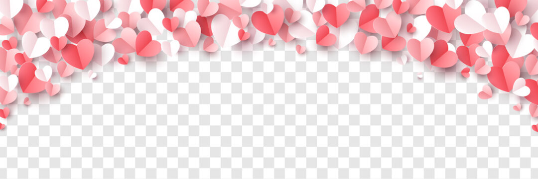 Red, rose pink and white hearts border isolated on transparent background. Vector illustration. Paper cut decorations for Valentine's day design