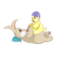 Easter bunny playing with Chick on white isolated background, vector rabbit and yellow chick in Cartoon style, isolated cartoon animals, concept of Spring Holiday, Easter mascots, Pets, Friendship.