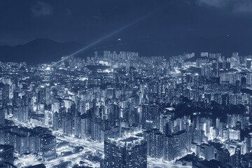 Night scene of aerial view of downtown district of Hong Kong city