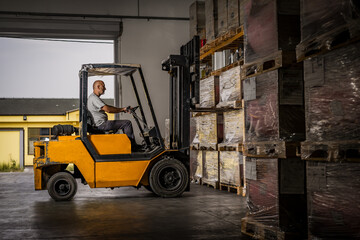 Plakat Warehouse man worker with forklift. Warehouse worker driver in loading by forklift stack loader