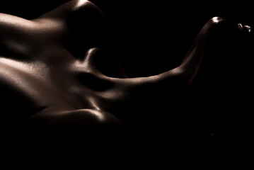 Naked neck, shoulders and collarbones of a beautiful woman. The beauty of the female body. The concept of youth.