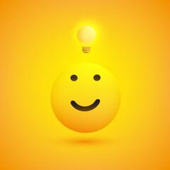 New Ideas - Smiling Emoji - Simple Shiny Happy Emoticon with Light Bulb on Yellow Background - Vector Design Concept