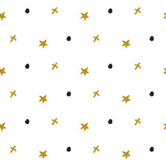 Abstract seamless pattern with gold stars and black dots. Vector texture. Childish cute background. Hand Drawn textures. Trendy Graphic Design for banner, poster, card, cover, invitation, placard