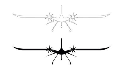 Monochrome unmanned aerial vehicle icon. Aviation technology military drone modern warfare. UAV has a modern outline with contours and icons. Front view UAV icon.