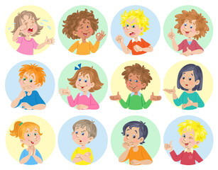 Set of avatars of boys and girls. Different nationalities, characters and emotions. In cartoon style. Isolated on white background. Vector flat illustration.