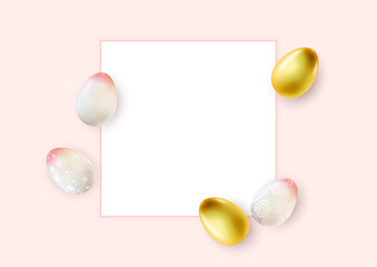 Easter poster template with 3d realistic  Easter eggs and empty frame.  Template for advertising, poster, flyer, greeting card.  Vector Illustration EPS10
