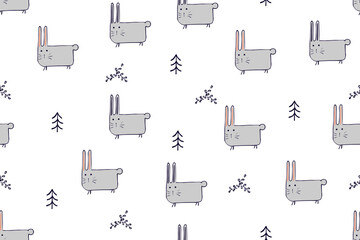 Seamless pattern, childish animals illustration. Cute bunny, funny hare on white. Kawaii cartoon character. Baby scandinavian vector pattern. Hand drawn illustratin for kids fabric, textile, wrapping