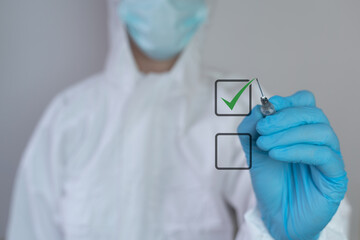 Coronavirus vaccination choice, acceptance of vaccine Is it good or bad to be vaccinated? healthcare worker nurse, doctor dressed in a medical face mask protective coverall check mark covid-19 concept
