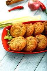 Healthy vegan diet foods background- fresh baked vegetarian cutlets.