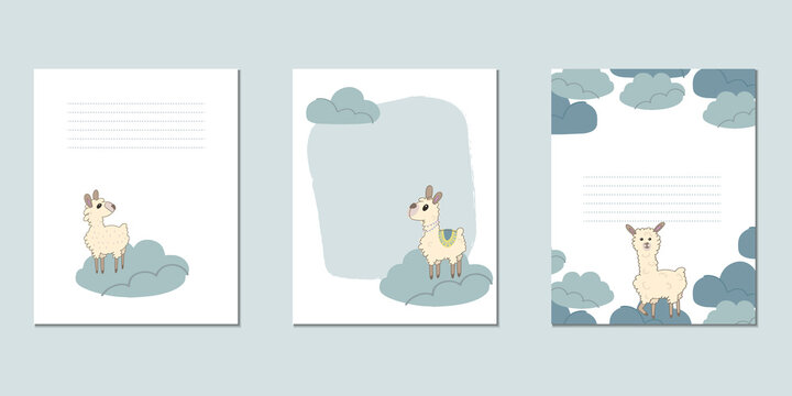 Set of vector children's cards with lamas. Templates for text for a children's party, baby shower, cards, invitations, diplomas.