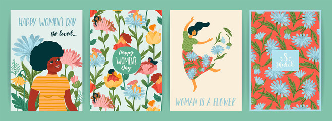 Fototapeta na wymiar International Women s Day. Set of vector templates with cute women and flowers for card, poster, flyer and other