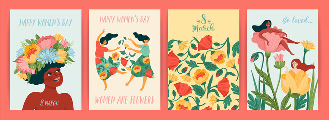 International Women s Day. Set of vector templates with cute women and flowers for card, poster, flyer and other