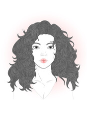 Vector portrait of a beautiful young woman with long flowing hair on a white background.