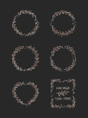 Vector set of floral hand drawn frame on black background. Decorative wreaths collection. Gold and white elements.