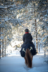 Fototapeta na wymiar Woman horseback riding in snowy forest in winter in Finland