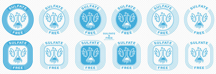 Conceptual stamps for packaging products. Labeling - sulfate free. Round stamp with flat icon of ingredient flask and wings - a symbol of liberation, freedom. Vector grouped elements.