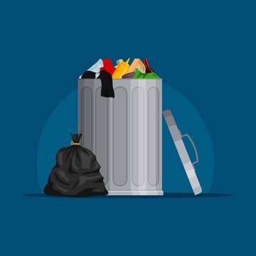 Steel garbage bin full of trash. Trash can with rubbish isolated on blue background. Wheelie bin and trash bag. Scene with pile of waste, Vector illustration