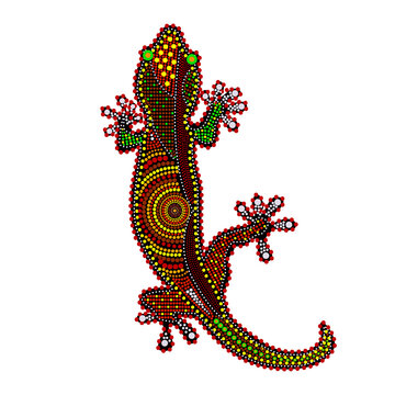 Lizard isolated on white background. Australia aboriginal lizard dot painting. Aboriginal styled lizard gecko. Decorative ethnic style.For flyer, poster, banner, placard, brochure.Vector illustration