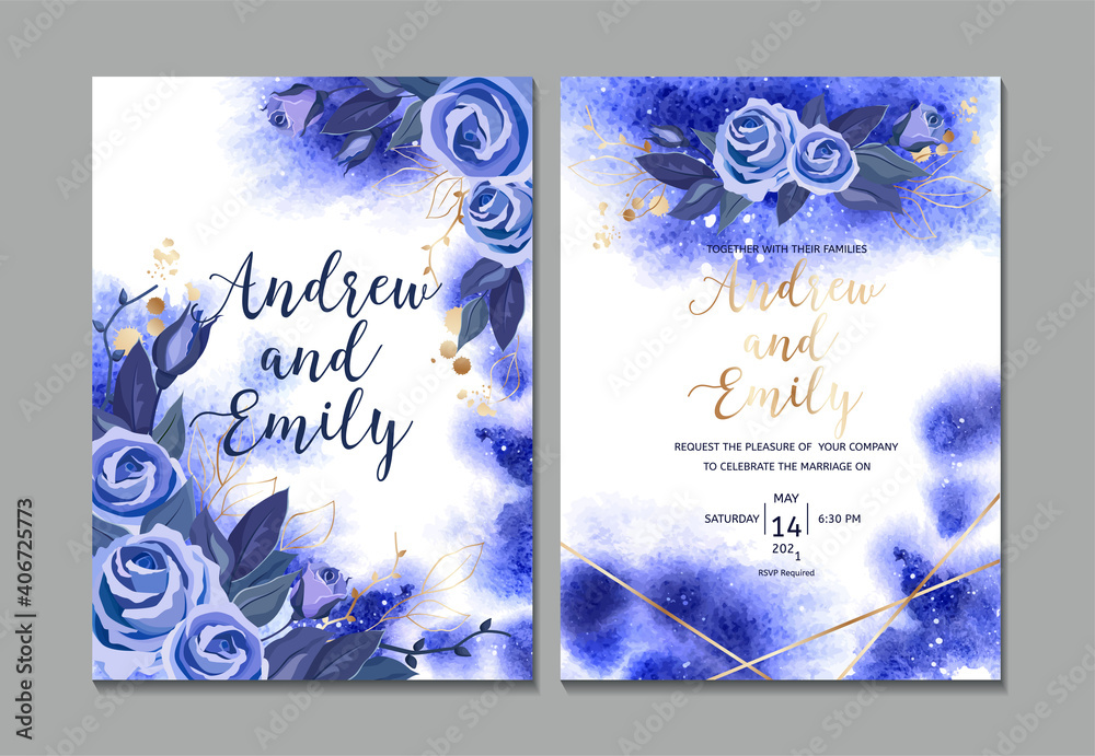 Wall mural Wedding invitation card with navy blue watercolor background and hand drawn bouquet. Vector blue roses and leaves with gold design elements