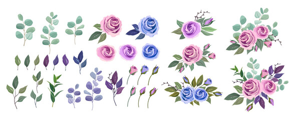 Vector floral greenery collection. Set with roses, leaves and bouquet composition