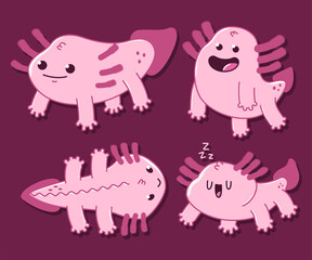 Axolotl vector cartoon set isolated on background.