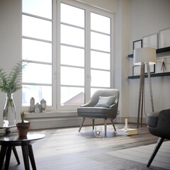 Fototapeta na wymiar 3D rendering of a modern living room with blank photo frames
