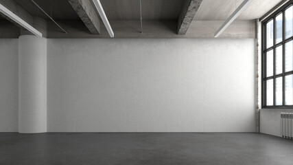 Obraz premium 3D rendering of an industrial style loft. Empty space with concrete floors and ceiling and white walls. 