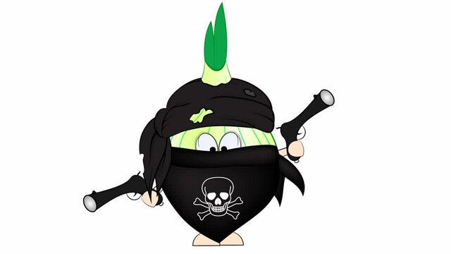 Animated onion bandit with pistols on a white background.