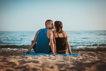 Fototapeta premium Beautiful young couple on sea vacation holiday, enjoying summer time at beach 