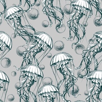 Graphic jellyfish pattern. Seamless design for textile, fabric, wallpaper and packaging 
