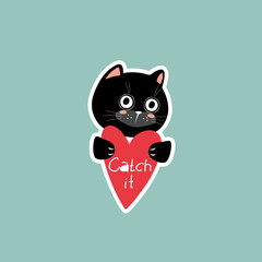 vector illustration sticker with black cat and red heart on blue background drawing for valentine's day