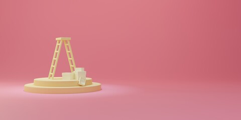 colorful background illustration. Simple composition with ladder and boxes on podium. image to illustrate the development or renovation concept with free space. 3d render.