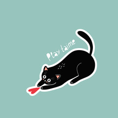 vector illustration sticker with black cat and red heart on blue background drawing for valentine's day