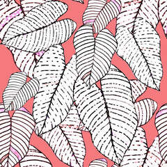 Modern abstract seamless pattern with creative colorful tropical leaves for design. Retro bright summer background. Jungle foliage illustration. Swimwear botanical design. Vintage exotic print.	
