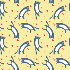 vector seamless pattern with blue domestic cats and hearts on yellow background