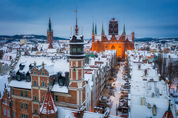 Beautiful scenery of Gdansk over Motlawa river at snowy winter, Poland
