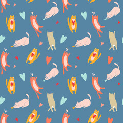 vector seamless pattern with multicolored domestic cats and hearts on a blue background
