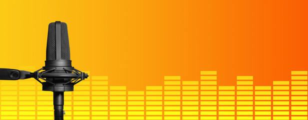 Modern microphone with audio equalizer graph on gradient orange and yellow background. Radio,...